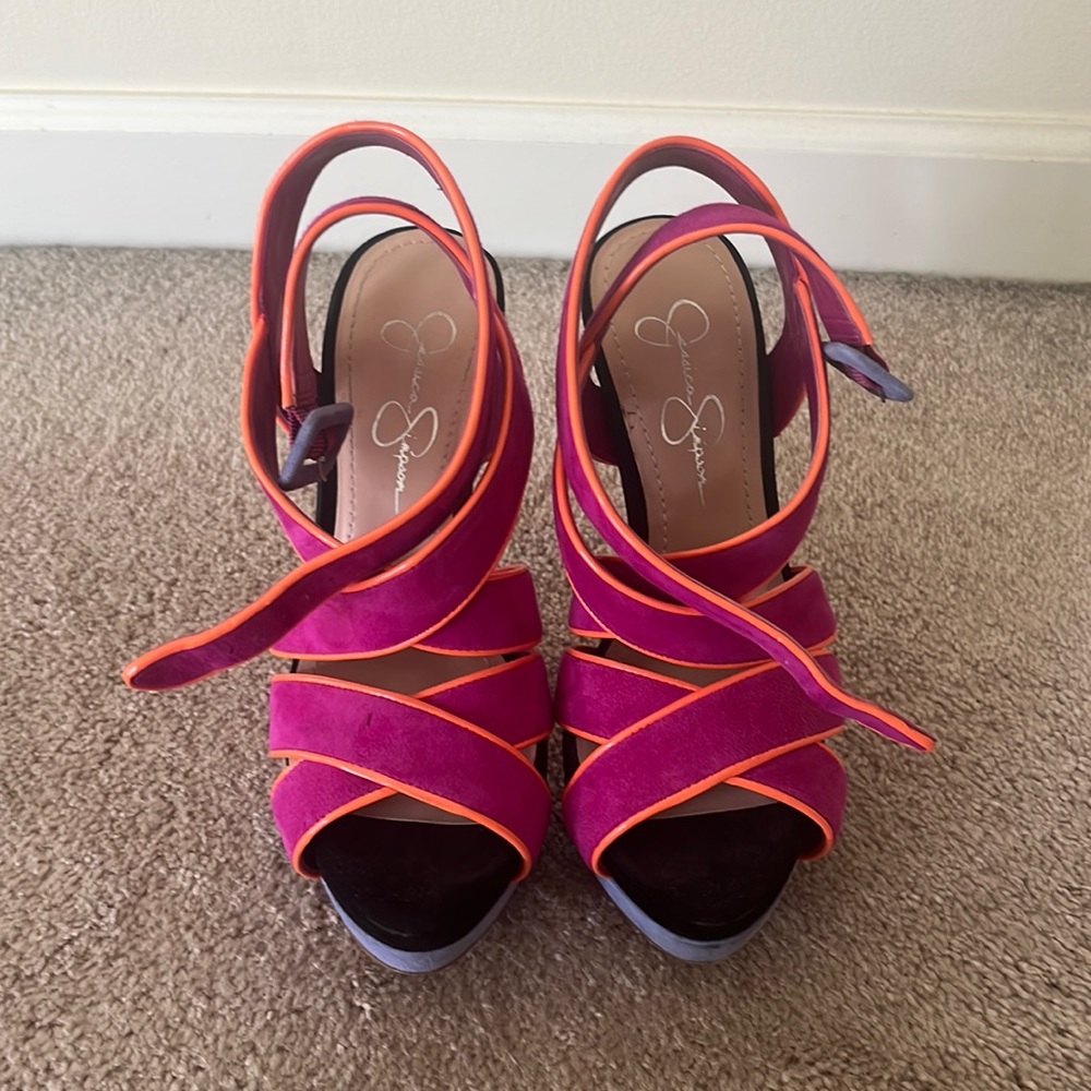 Jessica Simpson- neon purple, light purple and orange trim platform heels size 7